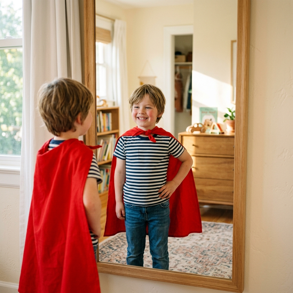 Niño viéndose en el espejo como superhéroe
