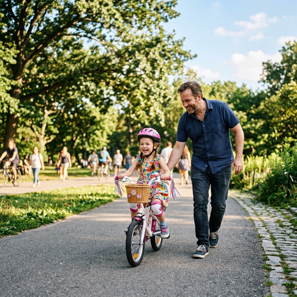 Padre enseñando a su hijo a andar en bicicleta