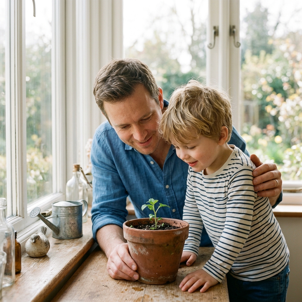 Padre e hijo viendo crecer una planta