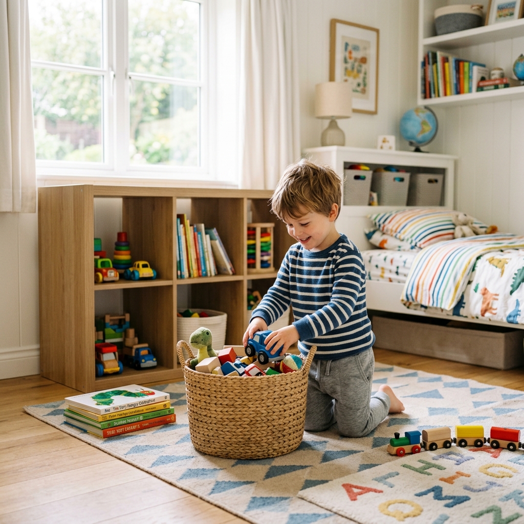 Niño limpiando su cuarto feliz